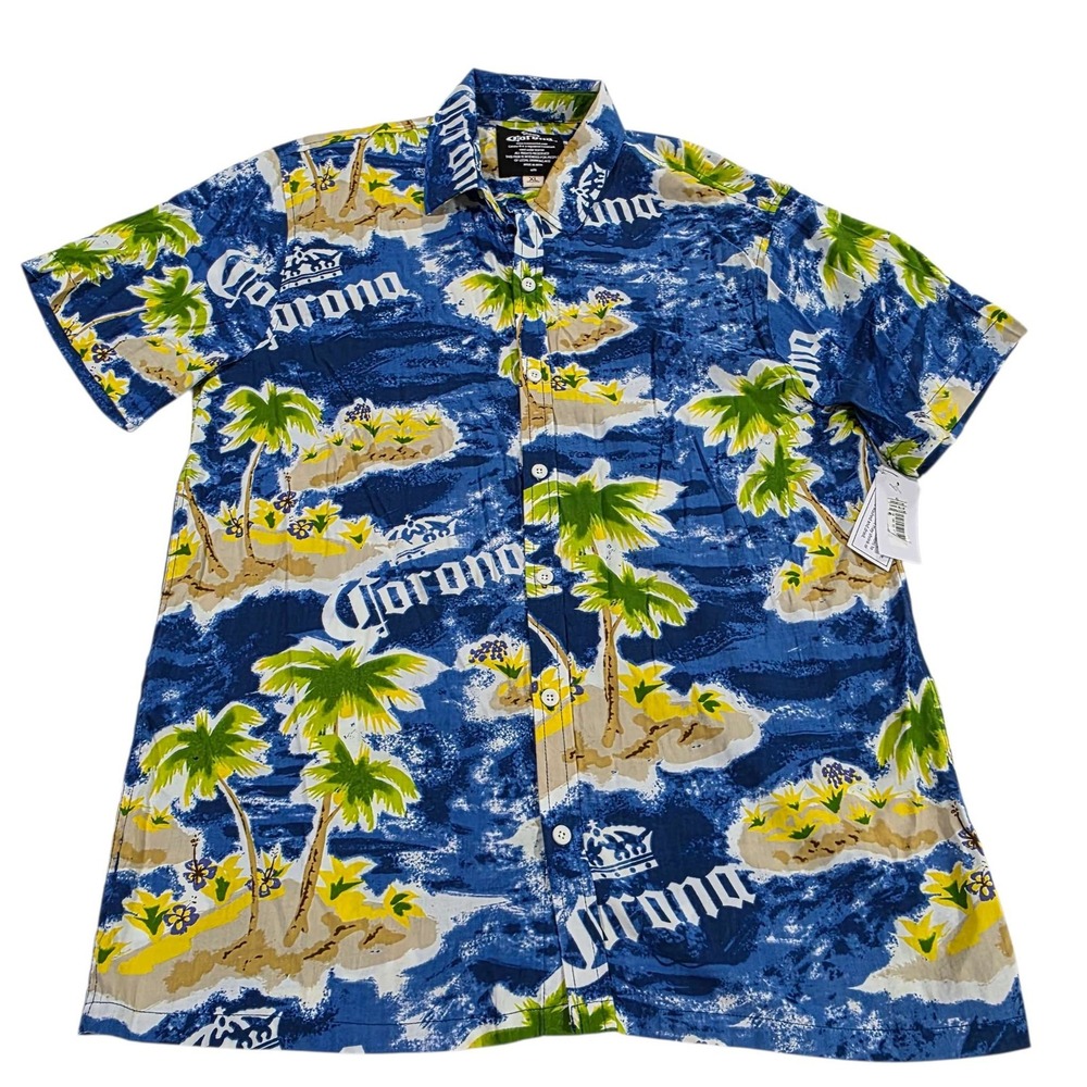 NWT Corona Hawaiian Shirt Aloha Beach Tropical Print Button Up Mens XL Beer